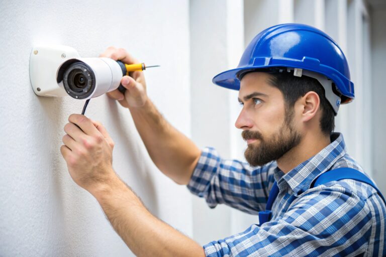young male technician installing surveillance cameras on a ceiling for security in a modern office space.